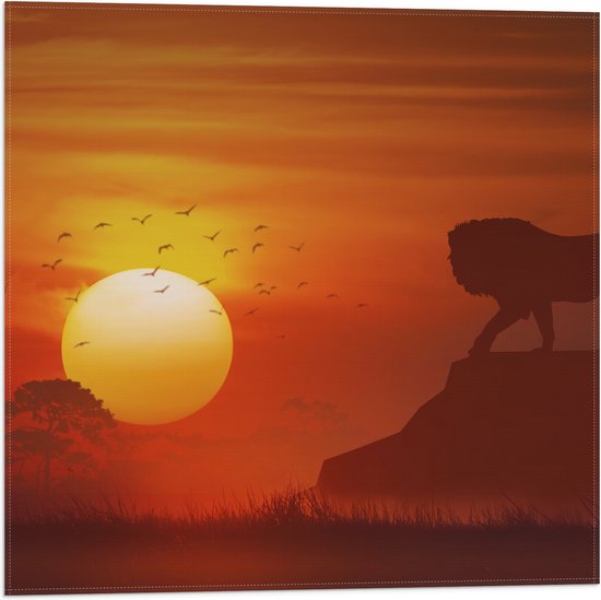 Vlag - Grote Maan over Afrikaans Landschap met Leeuw - 50x50 cm Foto op Polyester Vlag