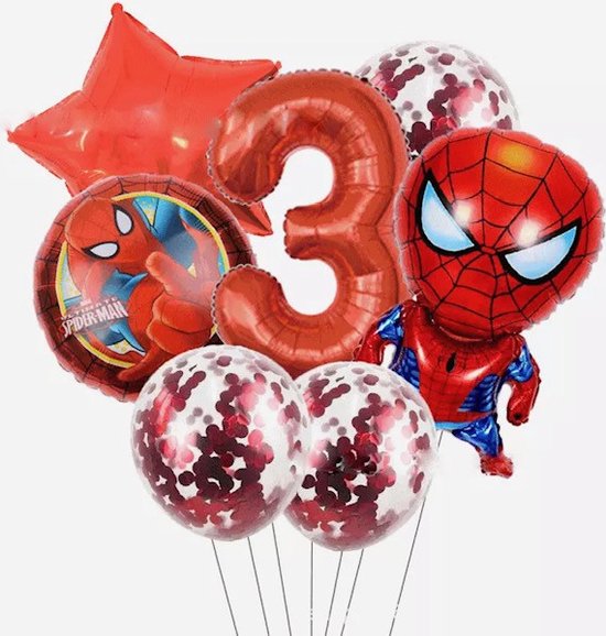 Spiderman ballon - 3 jaar - 7 Stuks - Marvel Avengers - Feestversiering - Kinderfeestje - Verjaardagsfeest Spider man - Helium / Folie Ballon - Blauwe Ballon - Rode Ballon - Happy Birthday