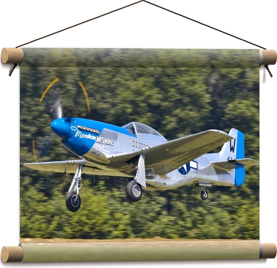 WallClassics - Textielposter - Blauw met Grijze Vliegtuig - 40x30 cm Foto op Textiel