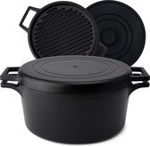 KIVY Enamelled cast iron pot with grill pan lid + silicone lid [5.2 l - 26 cm] - for all types of cookers and induction - cocotte cast iron roasting dish with lid oven-safe - cast iron casserole dish