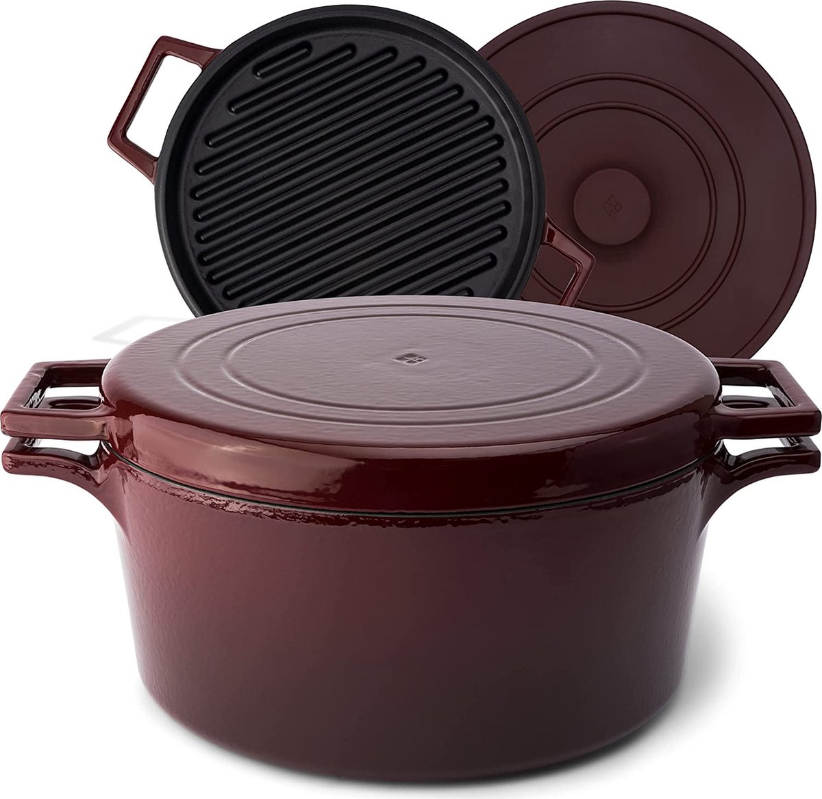 KIVY Enamelled cast iron pot with grill pan lid + silicone lid [5.2 l