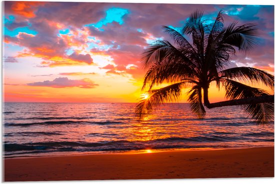 Acrylglas - Palmboom op Prachtig Verlaten Strand met Zonsondergang - 75x50 cm Foto op Acrylglas (Wanddecoratie op Acrylaat)