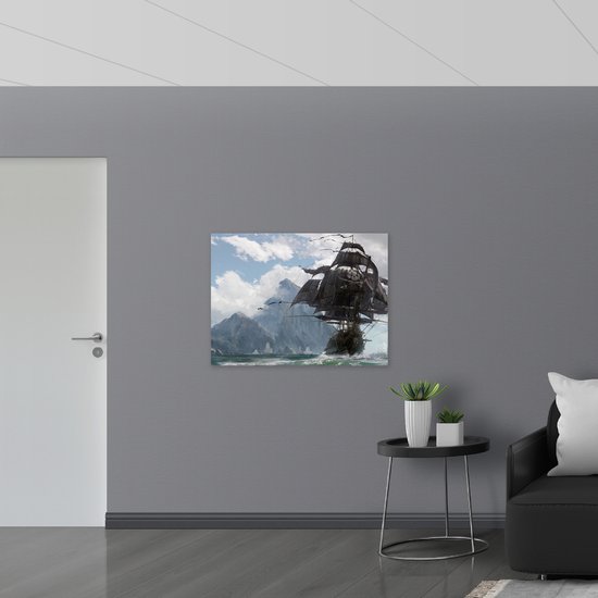 WallClassics - Muursticker - Montagnes avec bateau pirate - 100x75 cm Photo sur Muursticker