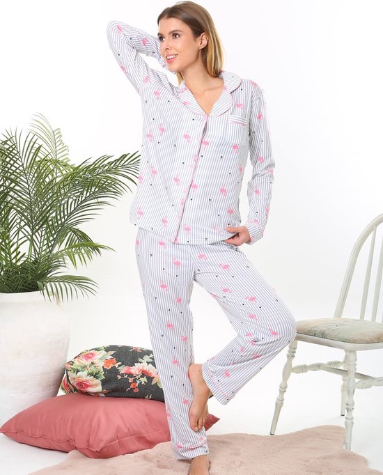 Katoen Dames Pyjama Set Grijs Flamingo Print Maat S