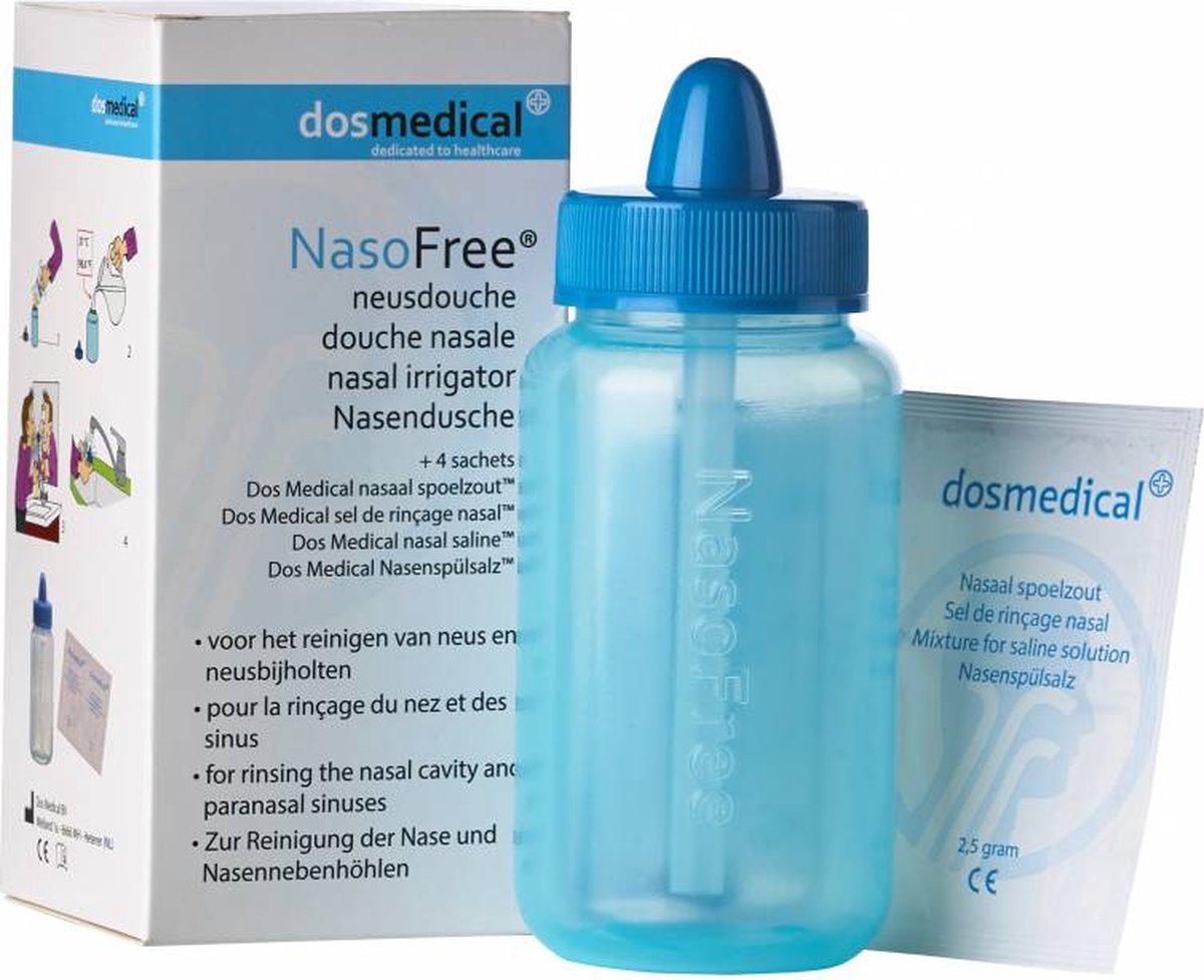 Nasofree Neusdouche - losse neusspoeler - o.a. tegen verkoudheid - pollen door hooikoorts - met 4 zakjes Dos Medical nasaal spoelzout - met Natriumchloride & Natriumbicarbonaat - NasoFree