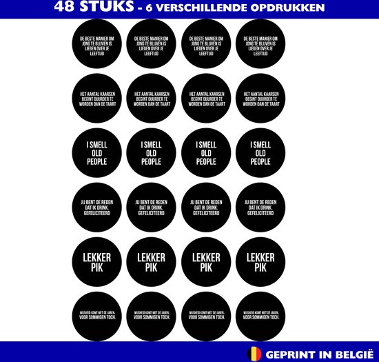 Stickers verjaardag | Traktatie | Uitdelen | Sluitzegel | Bedankje | Gefeliciteerd | Envelop | Cadeau | Gift | Cadeauzakje | Traktatie | Inpakken | Verjaardag | Sticker | Stijlvol | Grappig | Fun | 4cm | 40mm | per 48