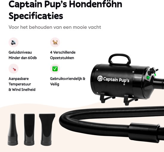 Captain Pup's Professionele Hondenfohn met 4 Opzetstukken - Bijgeleverde Hondenborstel - Waterblazer voor Honden - Zwart