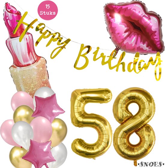 Snoes Beauty Helium Ballonnen Set 58 Jaar - Roze Folieballonnen - Slinger Happy Birthday Goud