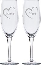 Gegraveerde Champagneglas 16,5cl Mama met hartje & Papa met hartje
