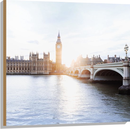 Hout - Big Ben naast de Westminster Bridge - Londen - 80x80 cm - 9 mm dik - Foto op Hout (Met Ophangsysteem)