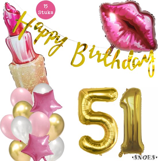 Snoes Beauty Helium Ballonnen Set 51 Jaar - Roze Folieballonnen - Slinger Happy Birthday Goud
