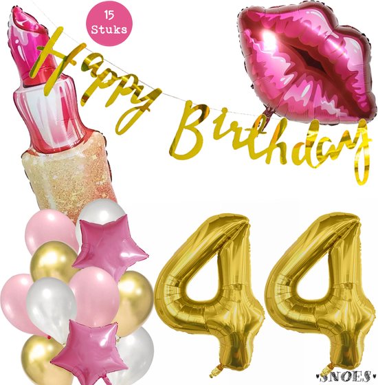 Snoes Beauty Helium Ballonnen Set 44 Jaar - Roze Folieballonnen - Slinger Happy Birthday Goud