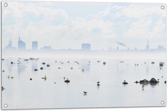WallClassics - Tuinposter – Mist bij Skyline achter Meer met Vogels - 90x60 cm Foto op Tuinposter (wanddecoratie voor buiten en binnen)