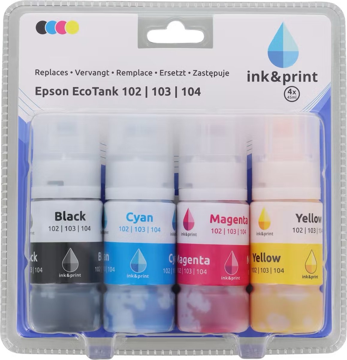 Ink & Print inktcartridges - Epson EcoTank - 4 Pack - Kleuren Zwart,Blauw,Roze,Geel