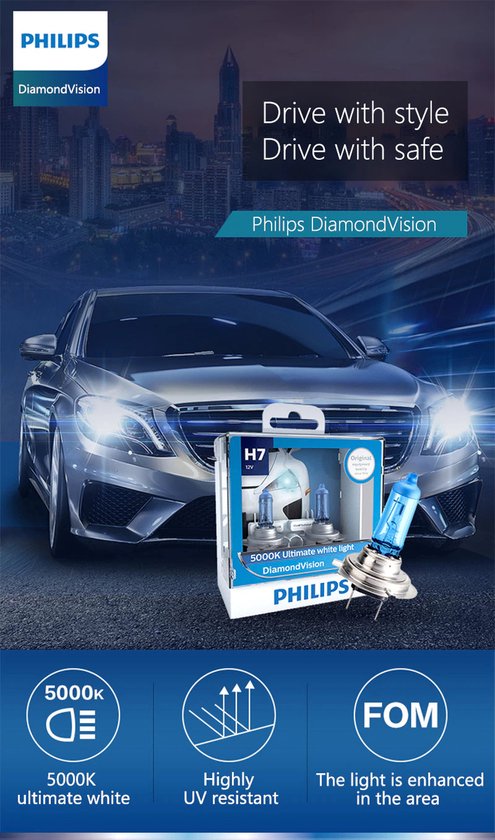 H7 55 Watt Philips Diamond Vision lampen 5000K White 12V (set