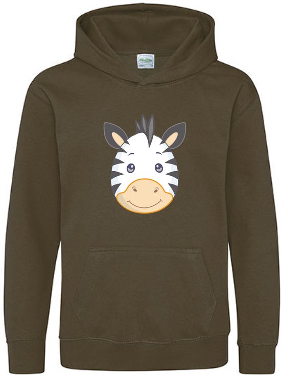 Pixeline Hoodie Zebra Face olive 7-8 jaar - Pixeline - Trui - Stoer - Dier - Kinderkleding - Hoodie - Dierenprint - Animal - Kleding