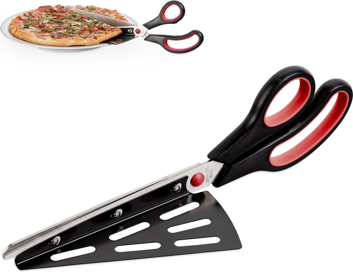 Relaxdays pizzaschaar met schep zwart-rood pizzasnijder rvs keukenschaar ergonomisch