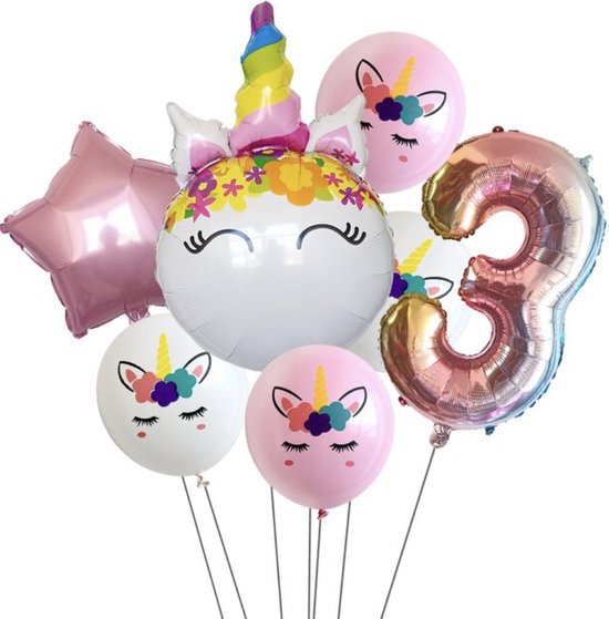 Unicorn Ballonnen Set - 3 Jaar - 7 Stuks - Kinder Verjaardag - Thema Feest Unicorn - Eenhorn Kinderfeestje - Feestversiering / Verjaardag Ballonnen - Eenhoorn / Paarden - Meisjes Versiering - Roze Ballonnen Verjaardag - Witte ballonnen - Helium