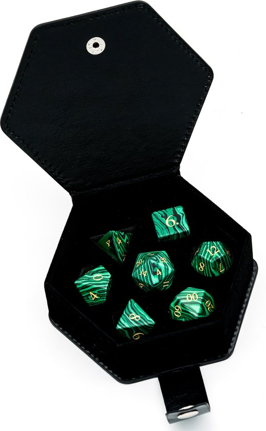 Thumbnail van een extra afbeelding van het spel Malachite Semi-Precious Gemstone Dice with Black PU leather Hexagon Box