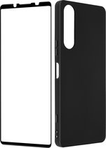 Geschikt voor Sony Xperia 5IV zwarte gel siliconen hoes en 9H zwarte omtrek gehard glas