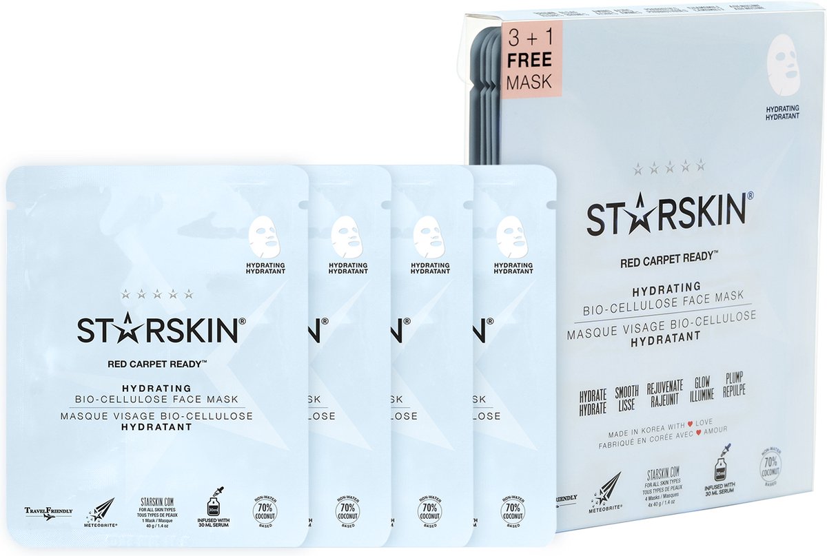 Starskin® Red Carpet Ready Gezichtsmasker - Korean Skincare - Bio Cellulose Sheet Mask - Alle Huidtypen - 3 + 1 GRATIS
