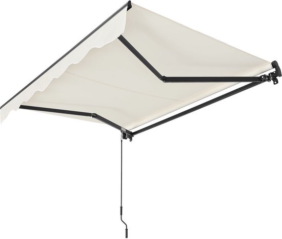Beige luifel met golvende rand en inklapbaar zwart frame.