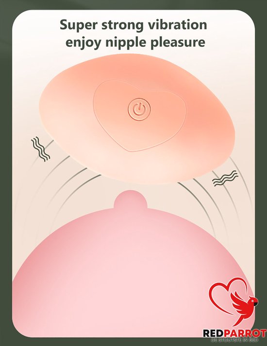 Roze tepelstimulator boven een borst, met golvende lijnen die de vibraties weergeven.