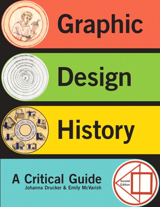 Boek: Graphic Design History, A Critical Guide, Second Edition. Illustraties van een man met een veer, een planetaire baan en een geometrisch ontwerp.