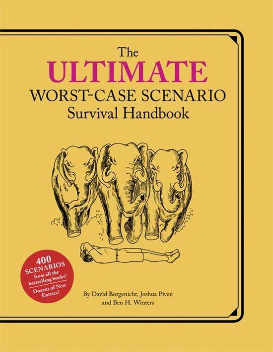 De kaft van het boek 'The Ultimate Worst-Case Scenario Survival Handbook' met drie olifanten en een liggend persoon.