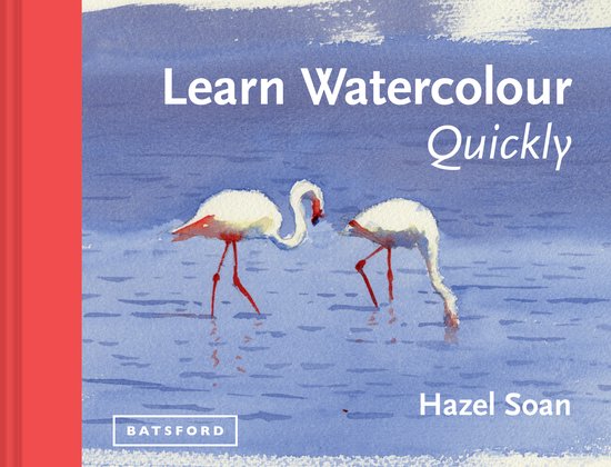 Boek 'Learn Watercolour Quickly' met een aquarel van twee flamingo's in blauw water.