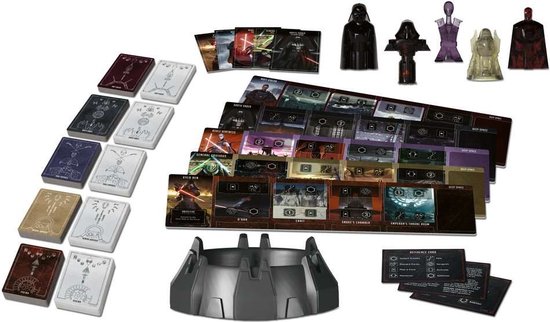 Star Wars Villainous spel met Darth Vader, figuurtjes, kaarten en speelborden.