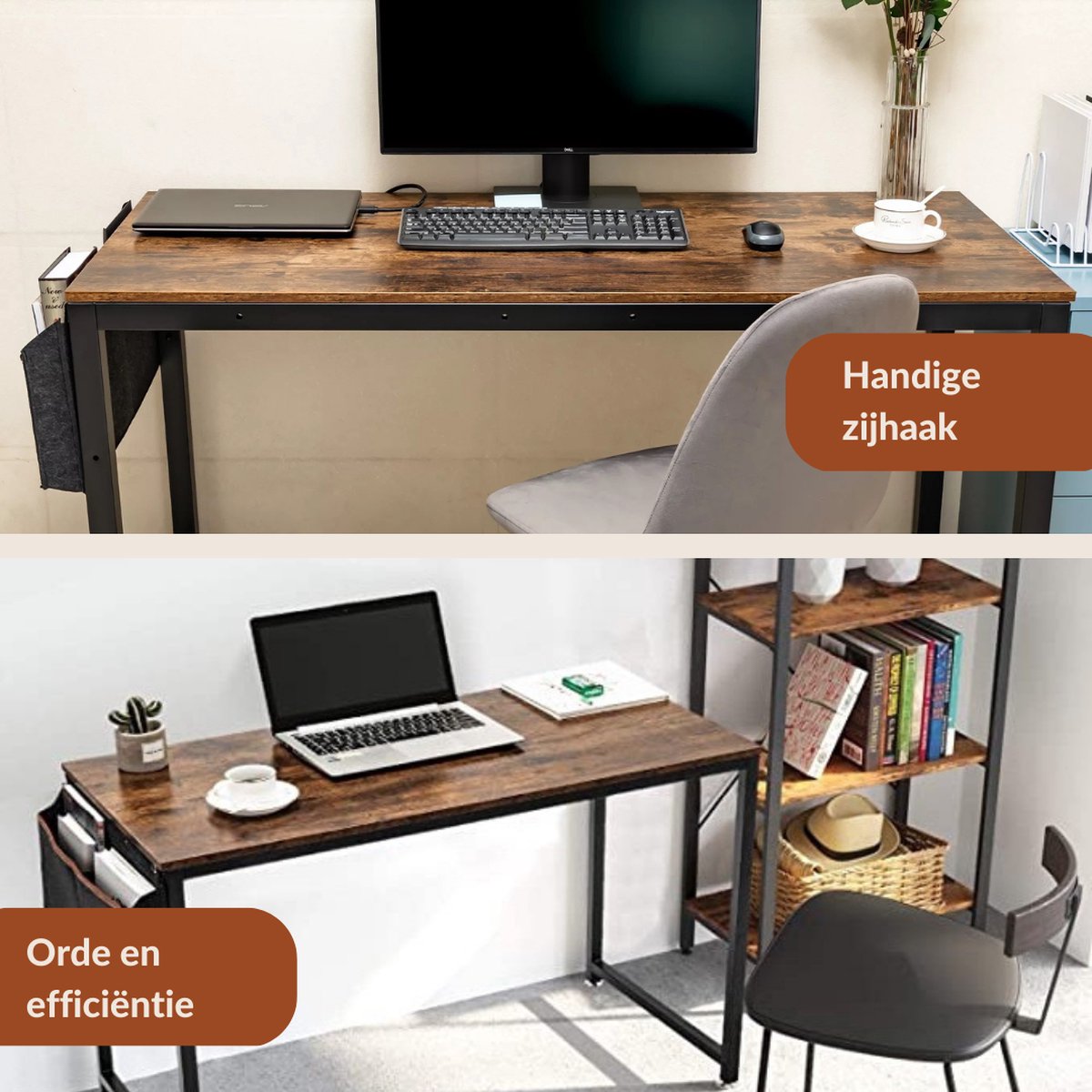 SensaHome - Retro Schrijftafel/Bureau - Computertafel met Metalen Frame - Werktafel in Rustieke Houtlook - Vintage Look - Zwart/Bruin