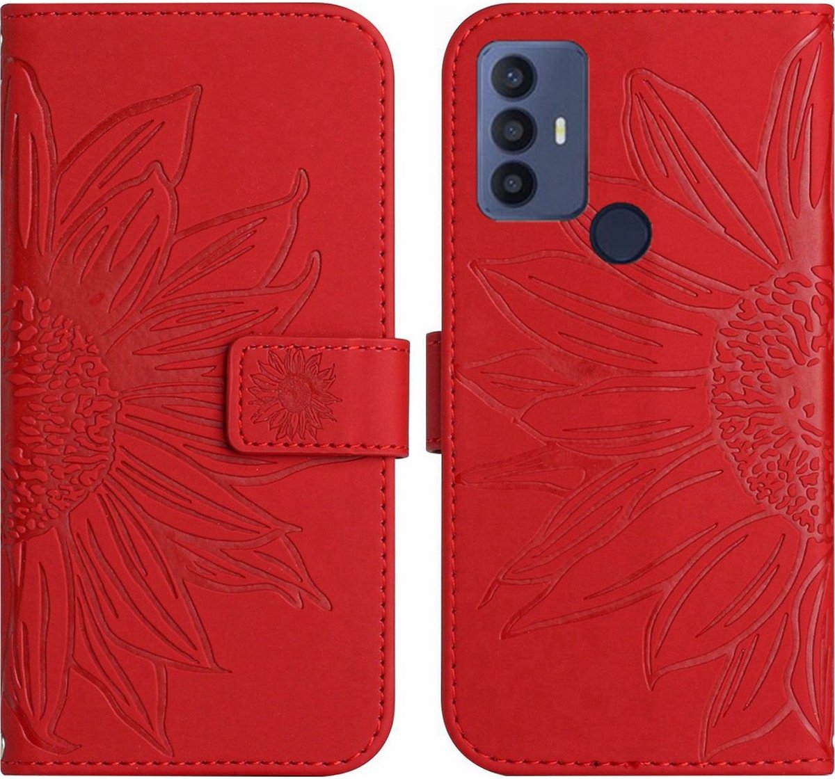 Mobigear Telefoonhoesje geschikt voor TCL 30E Hoesje | Mobigear Sunflower Bookcase Portemonnee | Pasjeshouder voor 3 Pasjes | Telefoonhoesje voor Pinpas / OV Kaart / Rijbewijs - Rood