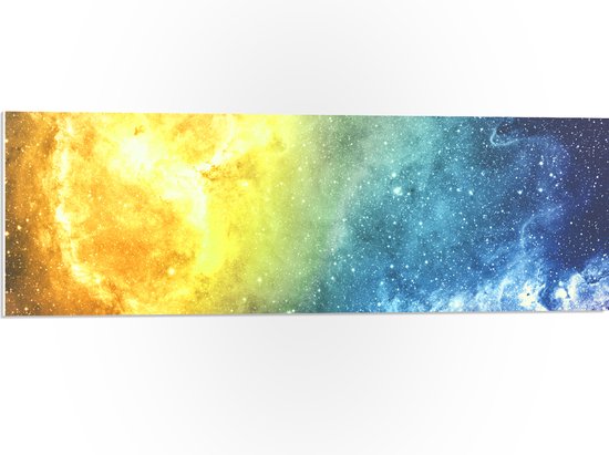 PVC Schuimplaat - Galaxy Lucht met Oranje, Blauw en Paarse Gloed - 90x30 cm Foto op PVC Schuimplaat (Met Ophangsysteem)