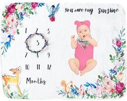 Milestone Deken Bosdieren – Baby Fotodeken met Hert, Vogel & ‘You Are My Sunshine’ Tekst | 100% Acrylic Polyester | 100 x 130 cm | Zachte Newborn Deken voor Maandelijkse Babyfoto’s