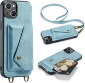 Casemania Hoesje Geschikt voor Apple iPhone 14 Aqua Blue - Luxe Back Cover met Koord - Wallet Case - Pasjeshouder