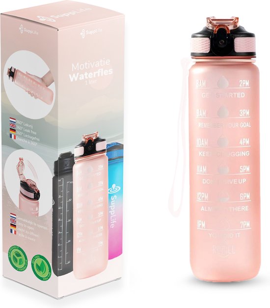 Supplife Bidon - 1 Liter - met Rietje - BPA Vrij - Rose Goud- Inclusief Schoonmaakborstel