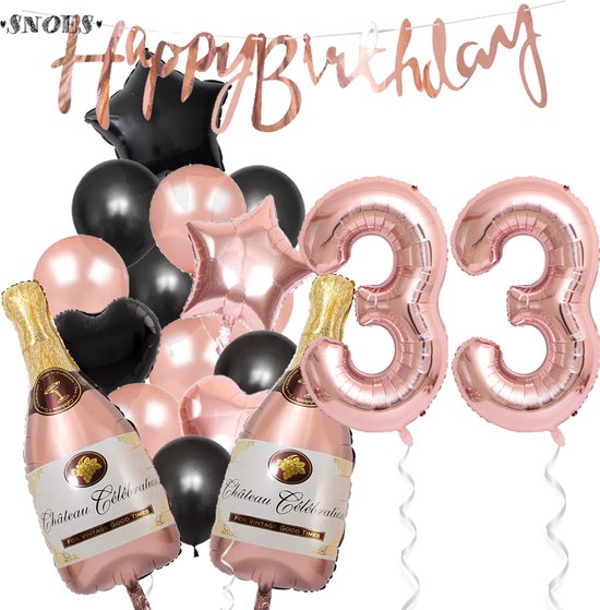 33 Jaar Verjaardag Cijferballon 33 - Feestpakket Snoes Ballonnen Pop The Bottles - Rose Zwart Versiering