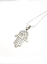 Symboliek – Fraaie – Hamsa hand of Fatima - zilveren hanger met ketting van hoogwaardig gepolijst 316L roestvrij staal.
