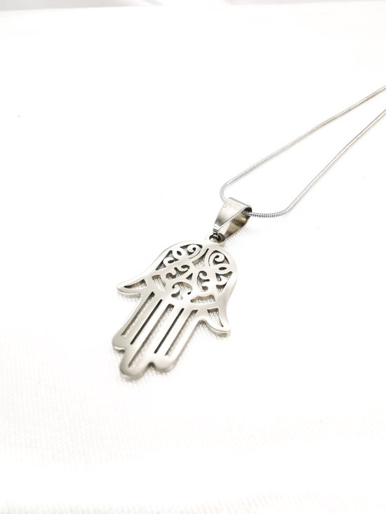 Foto: Symboliek fraaie hamsa hand of fatima zilveren hanger met ketting van hoogwaardig gepolijst 316l roestvrij staal 