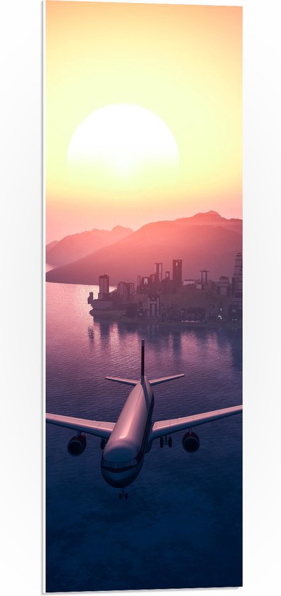 WallClassics - PVC Schuimplaat - Vliegtuig met Zonsondergang boven de Zee - 30x90 cm Foto op PVC Schuimplaat (Met Ophangsysteem)