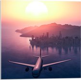 WallClassics - Acrylglas - Vliegtuig met Zonsondergang boven de Zee - 50x50 cm Foto op Acrylglas (Wanddecoratie op Acrylaat)