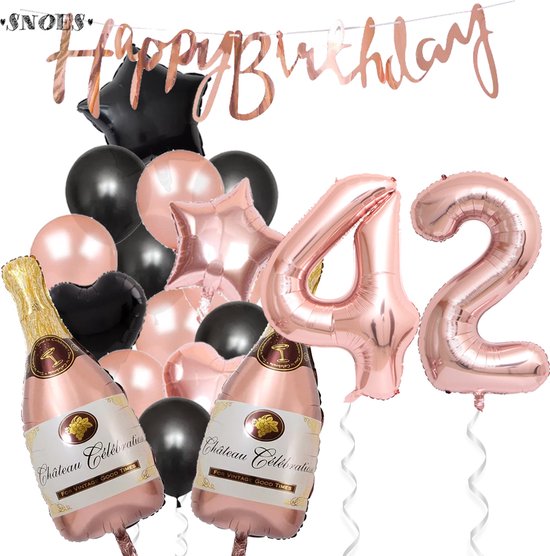 42 Jaar Verjaardag Cijferballon 42 - Feestpakket Snoes Ballonnen Pop The Bottles - Rose Zwart Versiering