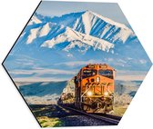 WallClassics - Dibond Hexagon - Oranje Trein in IJslandschap op Spoor - 40x34.8 cm Foto op Hexagon (Met Ophangsysteem)