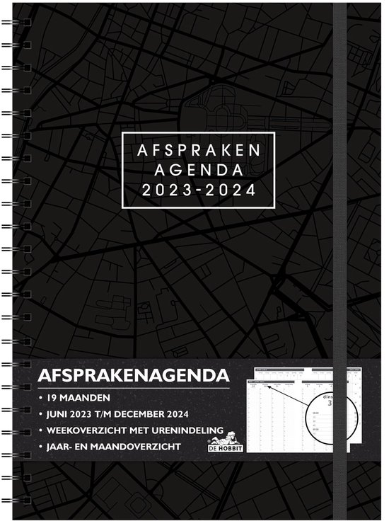 Hobbit - Afsprakenagenda - Donkergrijs met zwarte lijnen - 2023/2024 -  Ringband - Week