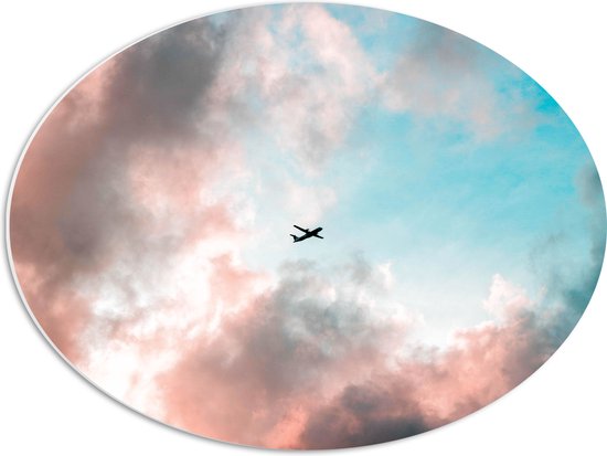 WallClassics - PVC Schuimplaat Ovaal - Vliegtuigje in Pastelluchr=t - 56x42 cm Foto op Ovaal (Met Ophangsysteem)