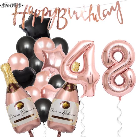 48 Jaar Verjaardag Cijferballon 48 - Feestpakket Snoes Ballonnen Pop The Bottles - Rose Zwart Versiering