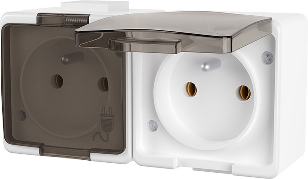 Dubbele stekker voor stopcontact, 2-voudig dwars, waterdicht IP44, dubbel stopcontact, geaard contact, perfect voor thuis, kantoor, buiten, wit