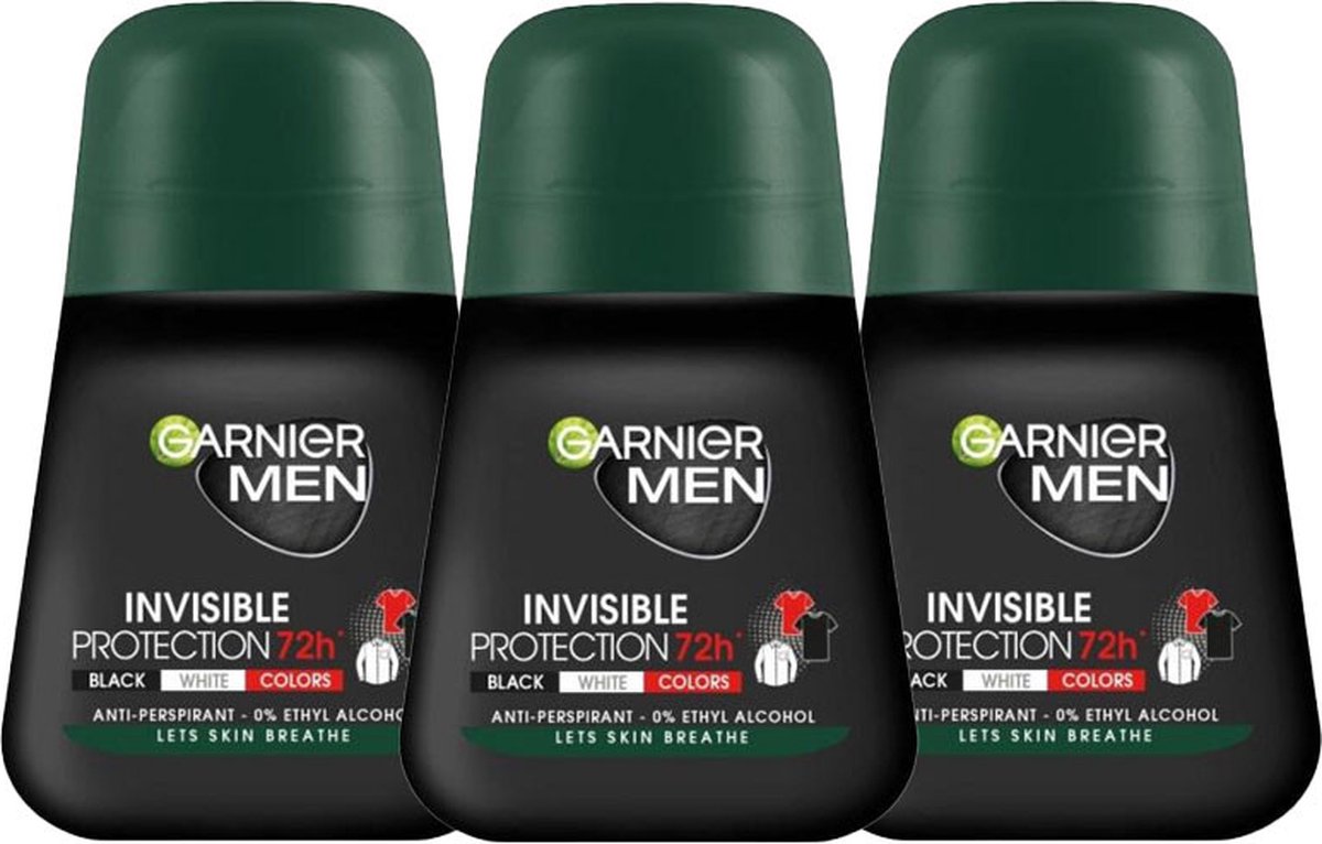 Garnier Men Invisible Protection Deodorant Man - 3 x 50ml - 72h Beschermde Oksels - Anti Stain - EthylAlcohol Vrij