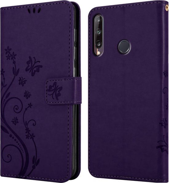 Cadorabo Hoesje geschikt voor Huawei P40 LITE E in BLOEMEN DONKER PAARS - Beschermhoes in bloemmotief met magnetische sluiting, standfunctie en kaartsleuven Book Case Cover Etui